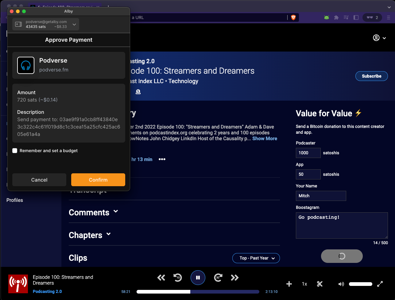 The Podverse website on an Episode page. On top of it in a small popup window is the Alby "Approve Payment" form.