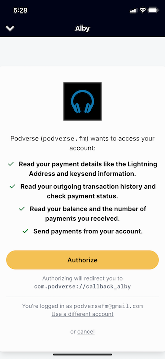 The Alby Authorize screen in Podverse mobile.
