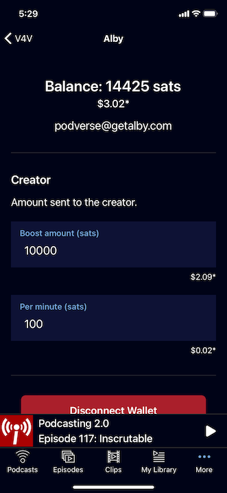 The Podverse Alby Wallet info screen. It shows you how many sats are in your Alby wallet, and lets you change your boostagram and streaming sats amounts.