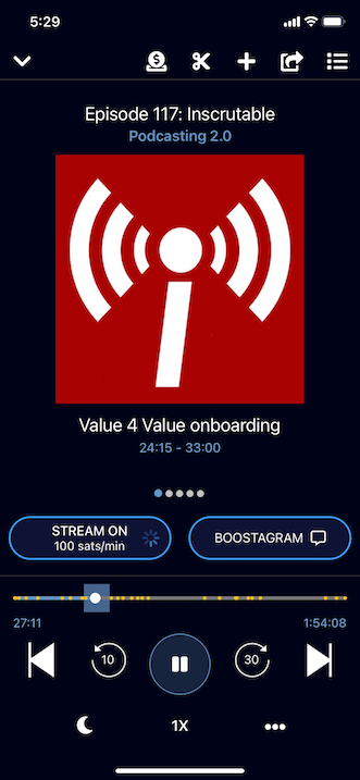 The Player screen in Podverse mobile. The stream and boostagram buttons only appear for Value for Value enabled podcasts when you have a wallet connected to Podverse.
