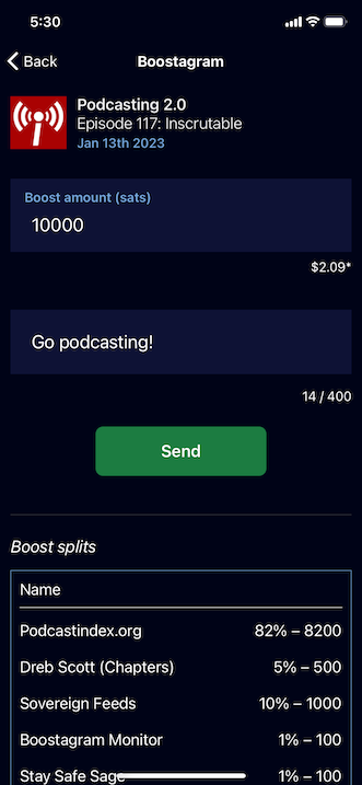 The Boostagram screen in Podverse mobile. The podcast title appears at the top. Below that the "Boost amount" input says 1,000 sats, and below that the "Boostagram message" input says "Go podcasting!". Below that is a Send button, and a "More info" section at the bottom.