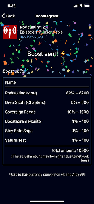 The Boostagram screen in Podverse mobile. It says "Boost sent! 🎉" and confetti falls down the screen.