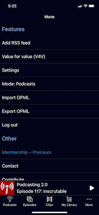 The More screen in Podverse mobile.