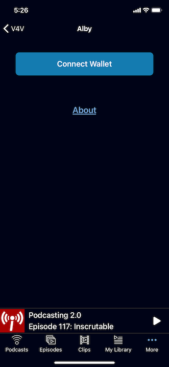 The Alby Wallet screen in Podverse mobile.