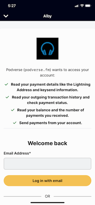 The Alby Login screen in Podverse mobile.